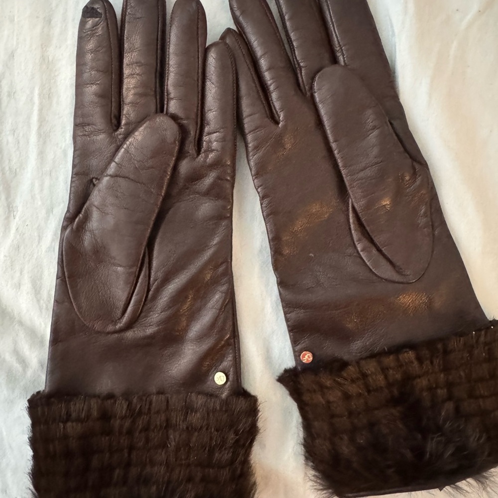 Diane von Furstenberg Elegant Brown Leather Gloves with Fur Trim Size 7